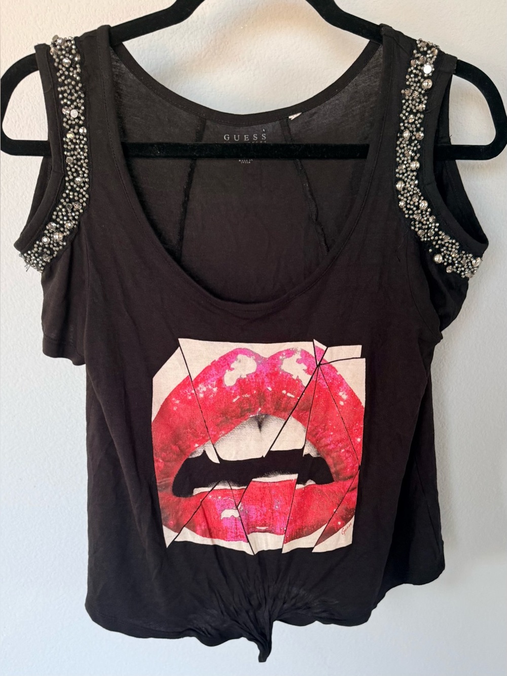 Guess Cold Shoulder Black Shirt • Rhinestone Cherry Lips • Y2K • Size S